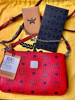 MCM Red Visetos Monogram Leather Crossbody with Chain Strap